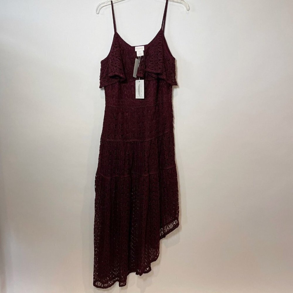 Foxiedox Womens Ryana Lace Spaghetti Maxi Dress Maroon XL Asymmetrical Hem NWT